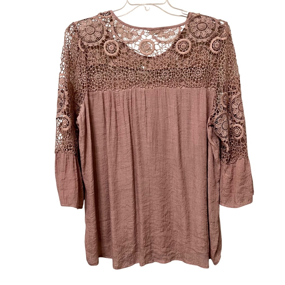 Indigo Rose Mauve Pink Crochet Lace Crinkle Blouse 3/4 Bell Sleeve Plus Size 3X